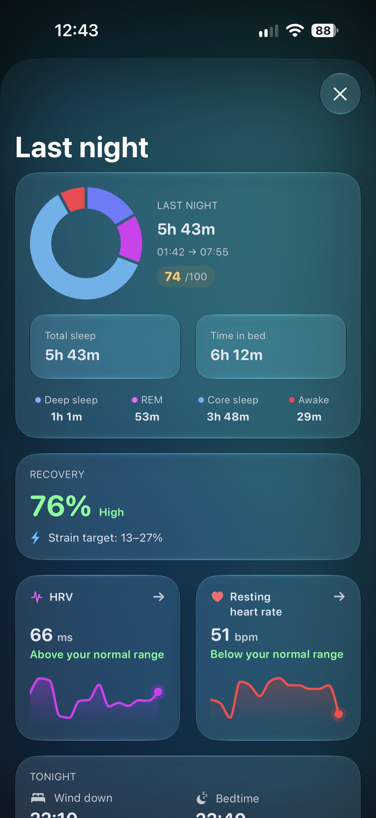 “Last night” report: sleep, recovery, HRV and resting heart rate