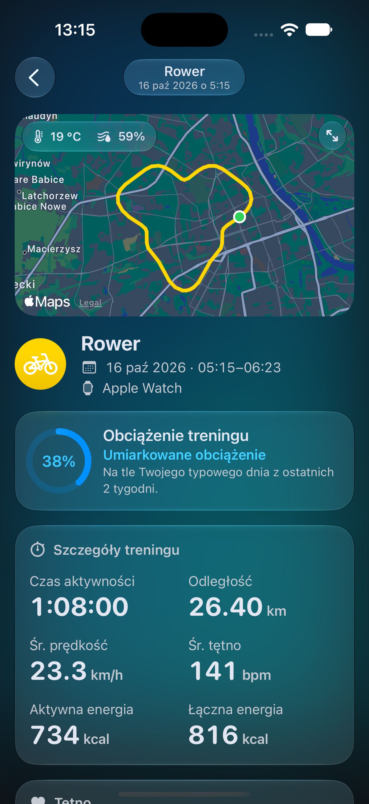 Szczegóły treningu: mapa trasy, obciążenie, dystans i tętno
